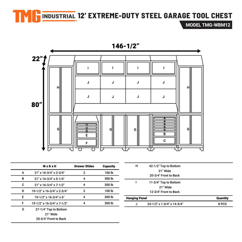 12' Extreme-Duty Steel Garage Tool Chest w/Pegboard, Power Outlets, USB Port, Magnetic Motion LED Lamps, Cabinets & Roll-Out Tool Chest, GMD-WBM12