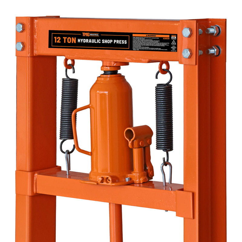 12 Ton Capacity Hydraulic Shop Press, H-Frame, Hand Crank Bottle Jack Pressing, 8 Bed Height Positions, GMD-ASP12