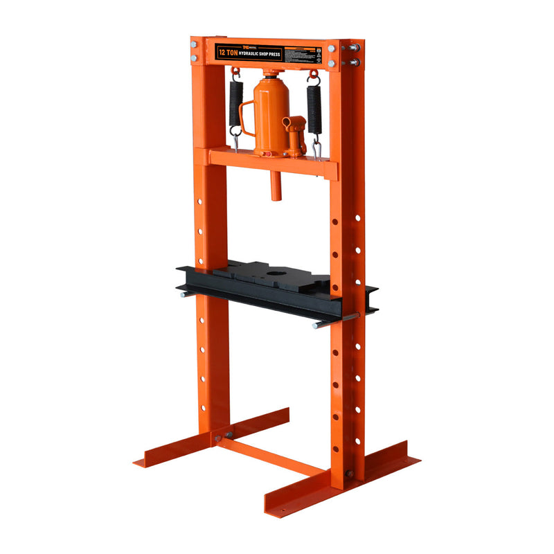 12 Ton Capacity Hydraulic Shop Press, H-Frame, Hand Crank Bottle Jack Pressing, 8 Bed Height Positions, GMD-ASP12