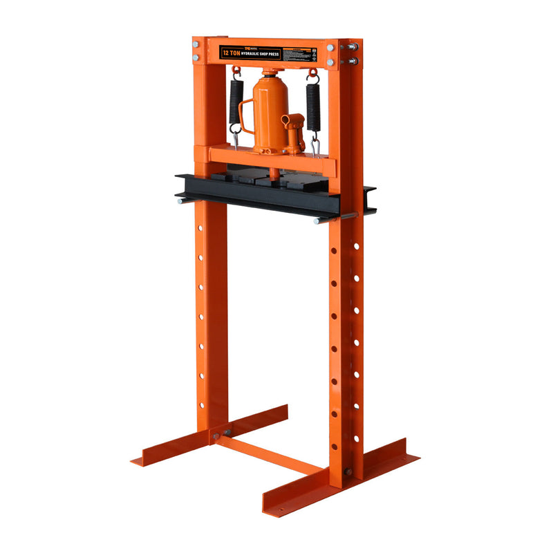 12 Ton Capacity Hydraulic Shop Press, H-Frame, Hand Crank Bottle Jack Pressing, 8 Bed Height Positions, GMD-ASP12