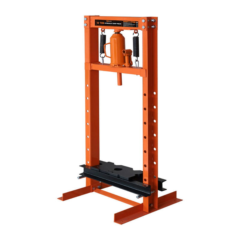 12 Ton Capacity Hydraulic Shop Press, H-Frame, Hand Crank Bottle Jack Pressing, 8 Bed Height Positions, GMD-ASP12