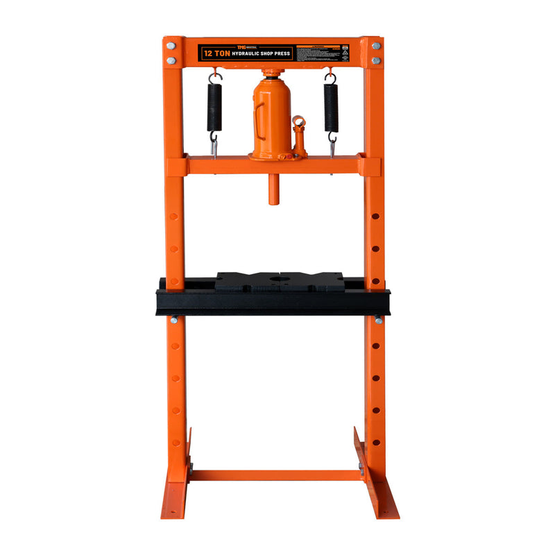 12 Ton Capacity Hydraulic Shop Press, H-Frame, Hand Crank Bottle Jack Pressing, 8 Bed Height Positions, GMD-ASP12