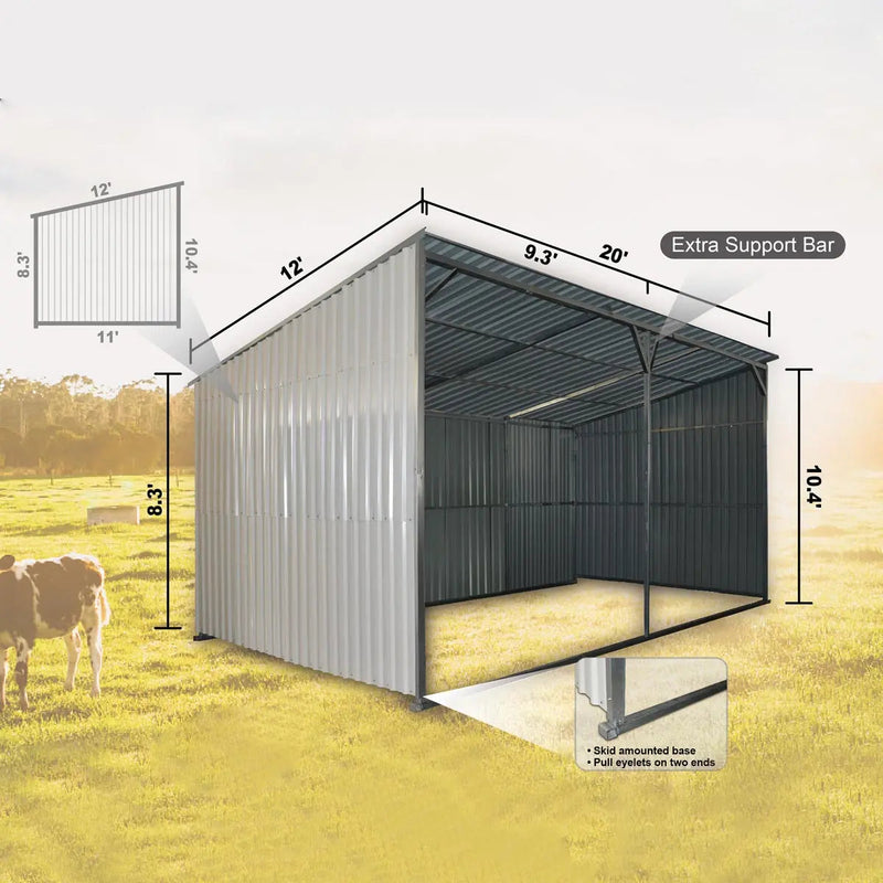 12' x 20' Galvanized Metal Livestock Shed, 240 Sq-Ft, 27 GA Corrugated Panels, Sliding Skid Mount, GMD-MS1220L