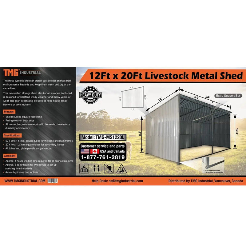 12' x 20' Galvanized Metal Livestock Shed, 240 Sq-Ft, 27 GA Corrugated Panels, Sliding Skid Mount, GMD-MS1220L