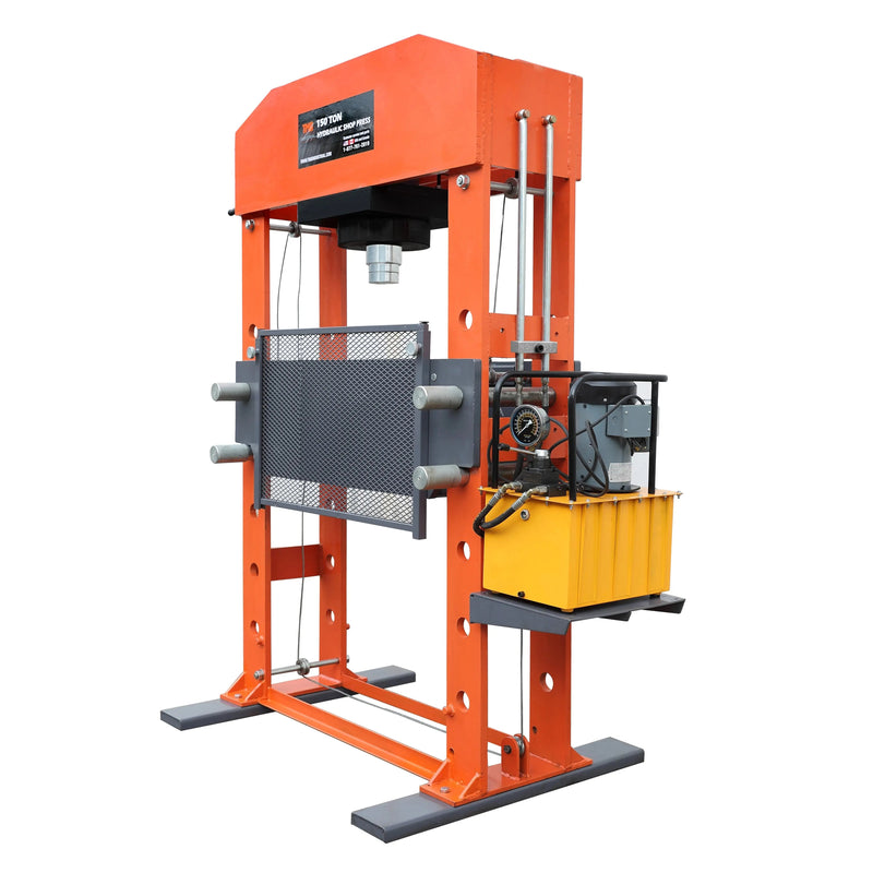 150 Ton Capacity Electric Hydraulic Shop Press, Heavy Duty Pressing, Protective Grid Guard, Fully Welded H-Frame, GMD-SP150
