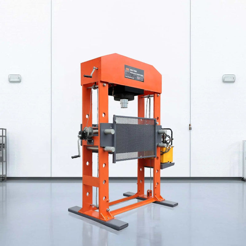 150 Ton Capacity Electric Hydraulic Shop Press, Heavy Duty Pressing, Protective Grid Guard, Fully Welded H-Frame, GMD-SP150