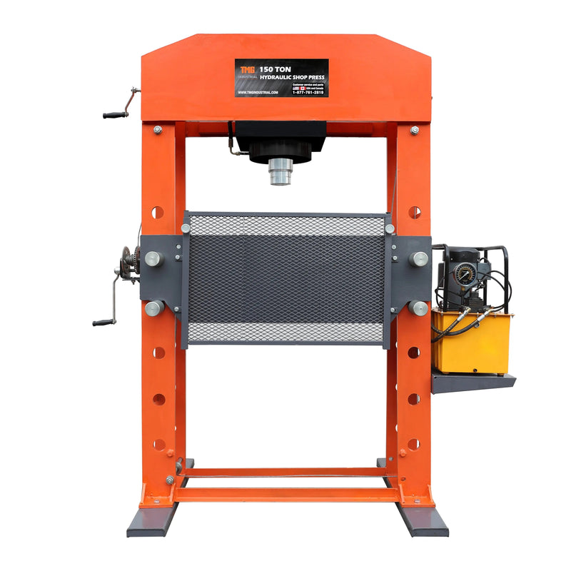 150 Ton Capacity Electric Hydraulic Shop Press, Heavy Duty Pressing, Protective Grid Guard, Fully Welded H-Frame, GMD-SP150