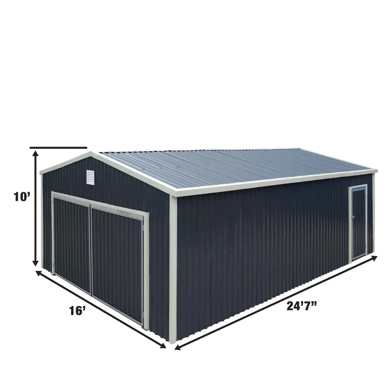 16' x 24' Metal Garage Shed with Double Front Doors, 10' Peak Height, Side Entry Door, 384 Sq-Ft Floor Space, GMD-MS1624