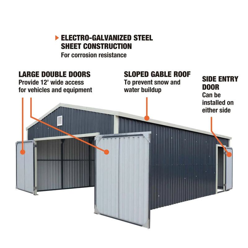 16' x 24' Metal Garage Shed with Double Front Doors, 10' Peak Height, Side Entry Door, 384 Sq-Ft Floor Space, GMD-MS1624