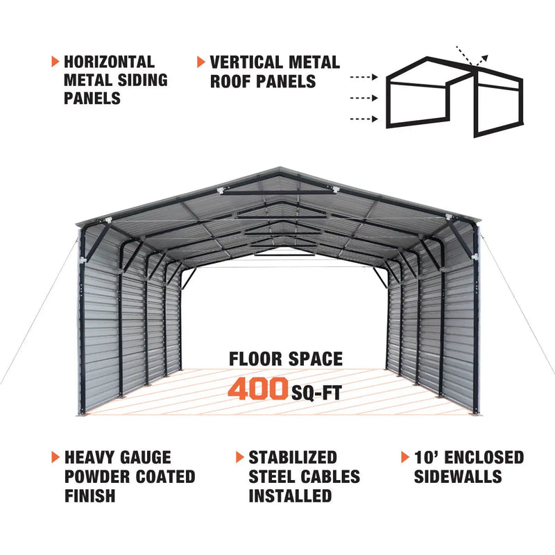 20' x 20' Metal Shed Carport, 10' Enclosed Sidewalls, 400 Sq-Ft, 27 GA Corrugated Panels, GMD-MSC2020F