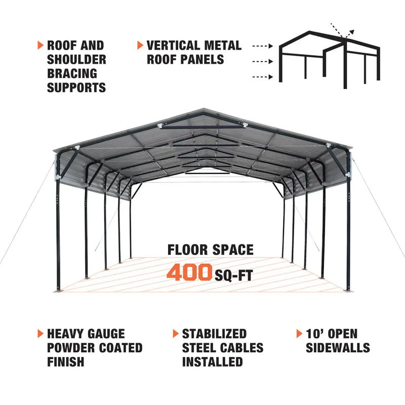 20' x 20' Metal Shed Carport, 10' Open Sidewalls, 400 Sq-Ft, 27 GA Corrugated Panels, GMD-MSC2020
