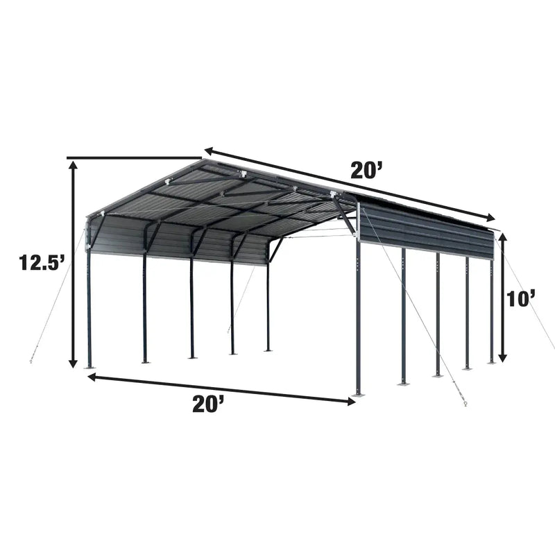 20' x 20' Metal Shed Carport, 10' Open Sidewalls, 400 Sq-Ft, 27 GA Corrugated Panels, GMD-MSC2020