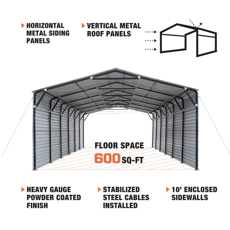 20' x 30' Metal Shed Carport, 10' Enclosed Sidewalls, 600 Sq-Ft, 27 GA Corrugated Panels, GMD-MSC2030F