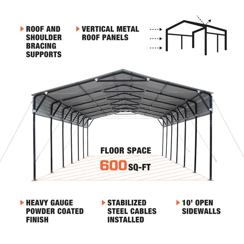 20' x 30' Metal Shed Carport, 10' Open Sidewalls, 600 Sq-Ft, 27 GA Corrugated Panels, GMD-MSC2030