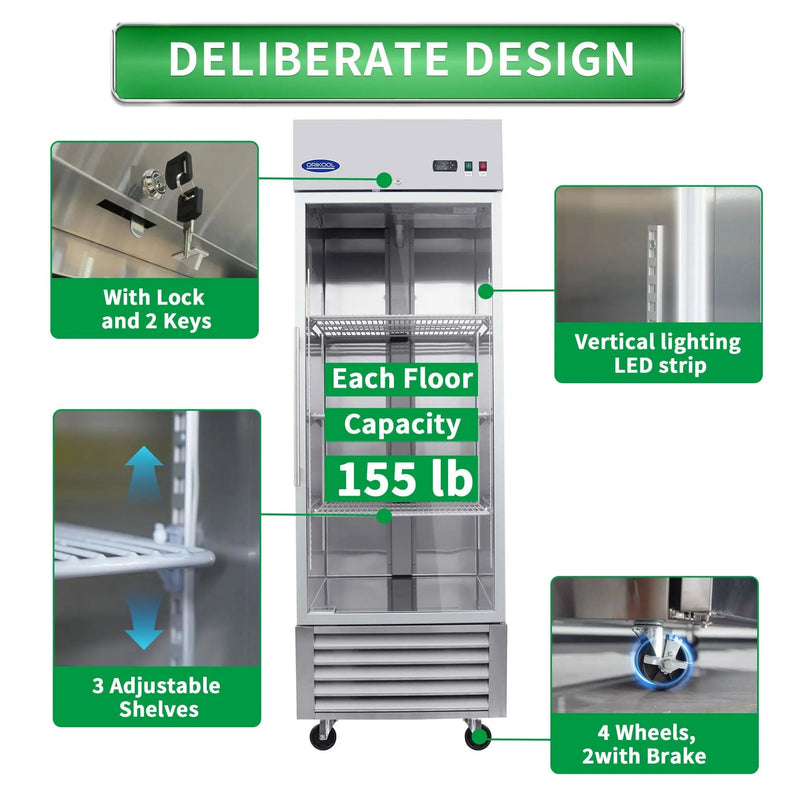 23 Cu.ft Commercial Display Refrigerator, Single Glass Door, Stainless Steel, LED Lighting, DOBA-FZS27