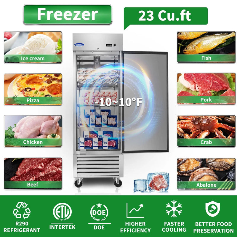 23 Cu.ft Commercial Freezer, 27" Width, 1 Door, Stainless Steel ETL Approved, Upright Storage, DOBA-FZ27