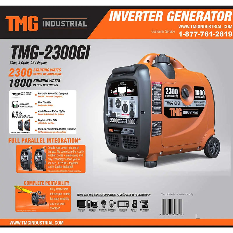 2300 Watt Digital Inverter Gasoline Generator, 79 cc OHV Engine, 6.5 Hour Run Time, 120/240 VAC, Telescopic Pull Handle, Parallel Cable Kit, GMD-2300GI