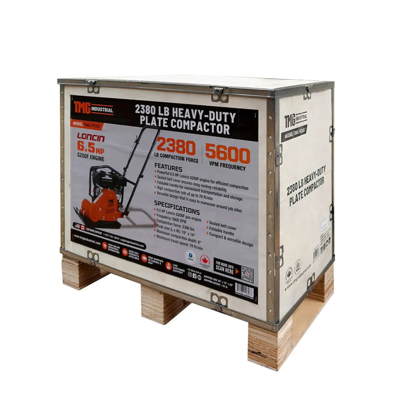 2380 Lbs Heavy-Duty Plate Compactor, 6.5 HP Loncin G200F Engine, 8" Compaction Depth, GMD-PC60