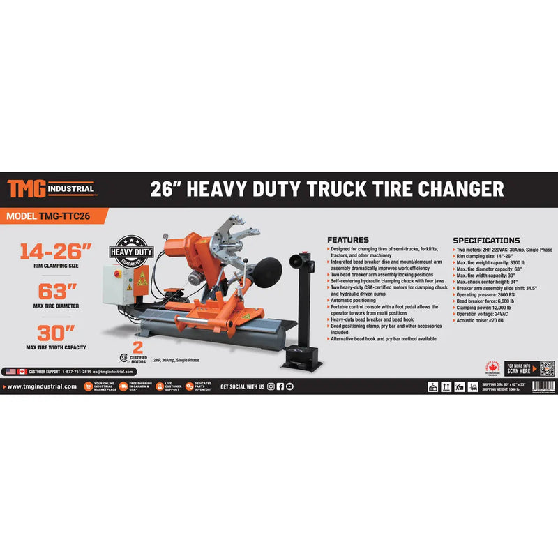 26" Heavy Duty Truck Tire Changer, 63" Tire Capacity, Bead Breaker w/Disk & Bead Hook, 3300 lb Weight Capacity, Portable Controls w/ Foot Pedal, CSA certified Motors, GMD-TTC26