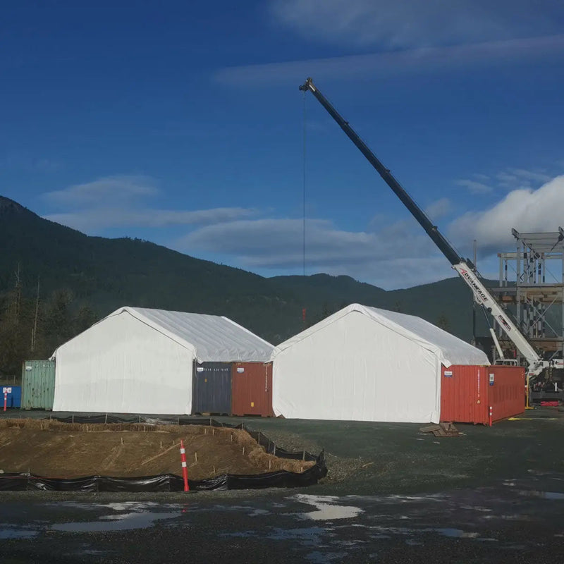 30' x 40' PVC Fabric Container Shelter, Peak Roof, with End Wall & Partial Front Drop, GMD-ST3042CVF (Previously ST3041CVF)