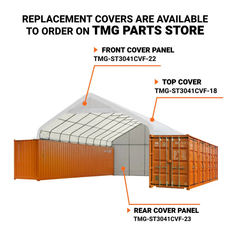 30' x 40' PVC Fabric Container Shelter, Peak Roof, with End Wall & Partial Front Drop, GMD-ST3042CVF (Previously ST3041CVF)