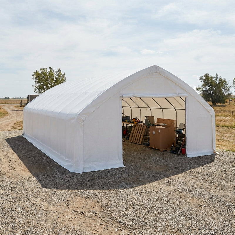 30' x 50' Straight Wall Peak Ceiling Storage Shelter with Heavy Duty 17 oz PVC Cover GMD-ST3052V (Previously ST3050V)