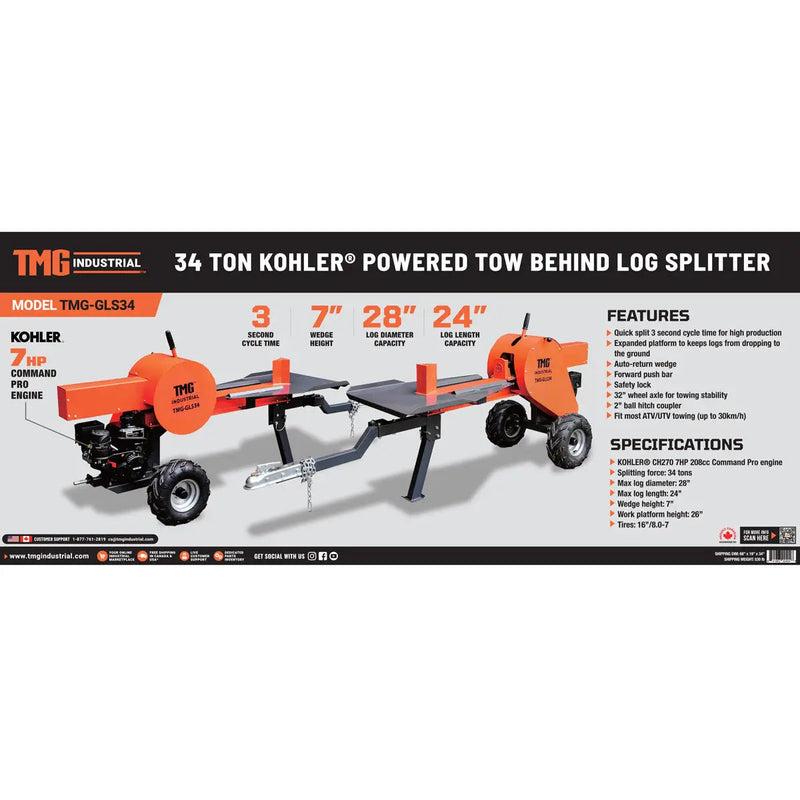 34 Ton ATV/UTV Tow-Behind Log Splitter, 7 HP Kohler Gasoline Engine, 28" Log Diameter Capacity, 3-Sec Cycle Time, GMD-GLS34