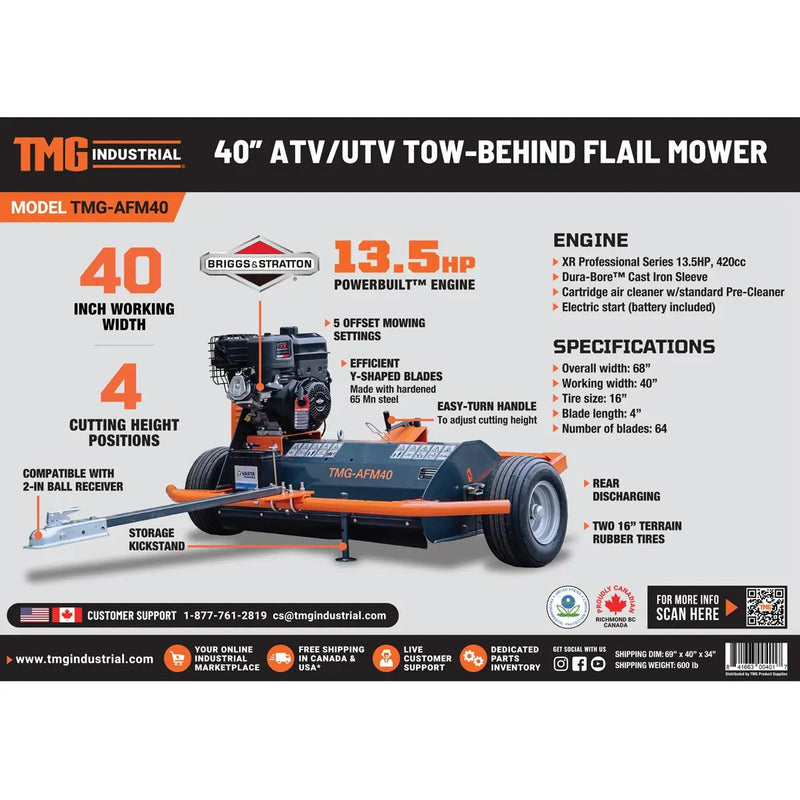 40" ATV Tow-Behind Offset Flail Mower, Briggs & Stratton 13.5 HP Engine, Adjustable Mowing Height, 15" Cut Capacity, GMD-AFM40