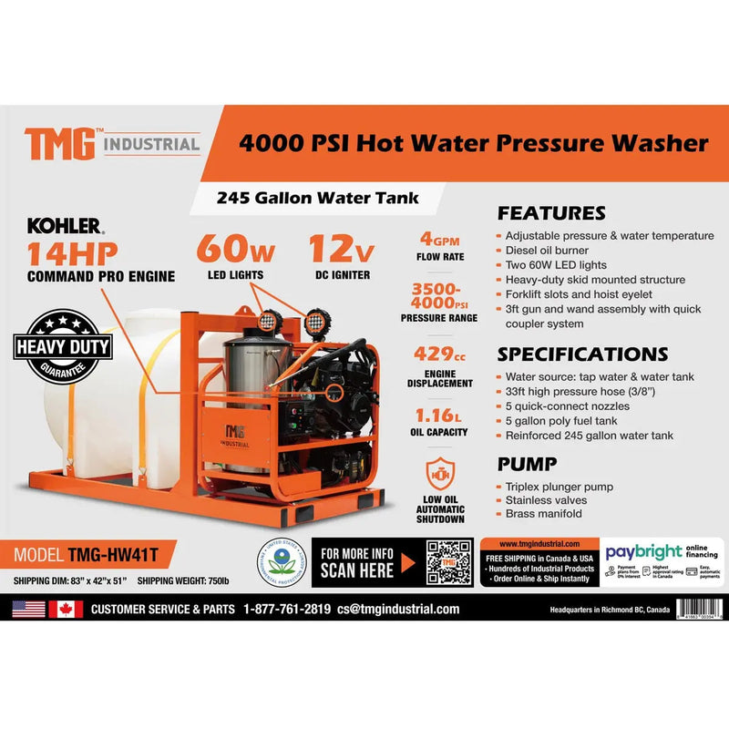 4000 PSI Hot Water Pressure Washer with 245 Gallon Water Tank, 14 HP Kohler Engine (Discontinued – No Longer Available) GMD-HW41T