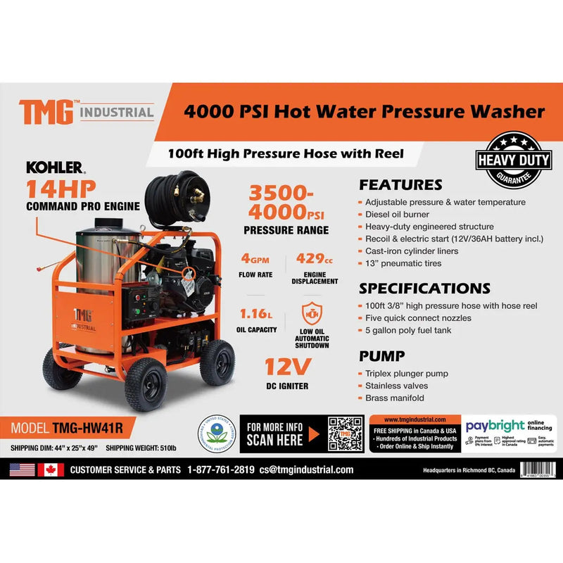 4000 PSI Hot Water Pressure Washer with 85' Hose Reel, 14 HP Kohler Engine (Discontinued – No Longer Available) GMD-HW41R