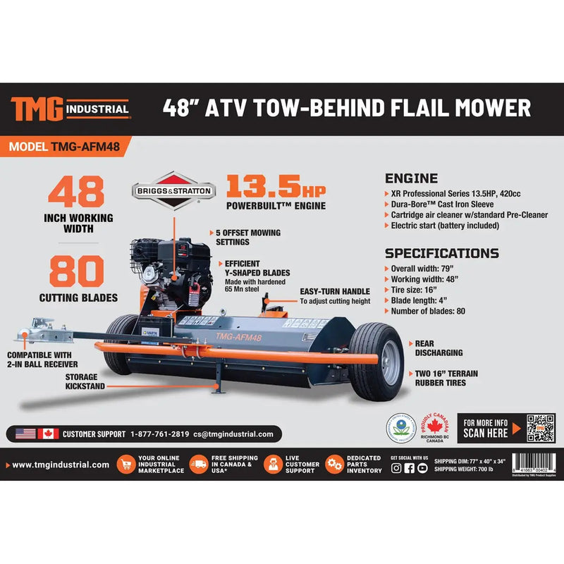 48" ATV Tow-Behind Offset Flail Mower, Briggs & Stratton 13.5 HP Engine, Adjustable Mowing Height, 15" Cut Capacity, GMD-AFM48