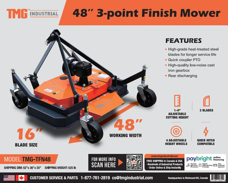 48'' Tow-Behind 3-Point Hitch Finish Mower, 18-30 HP Compact Tractor, PTO Drive Shaft Included, GMD-TFN48