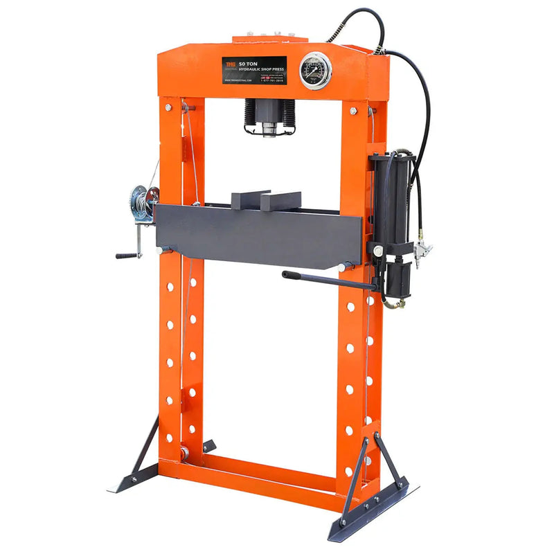 50 Ton Capacity Hydraulic Shop Press, Heavy Duty Pressing, Fully Welded H-Frame, Air & Manual Dual Operation, GMD-SP50
