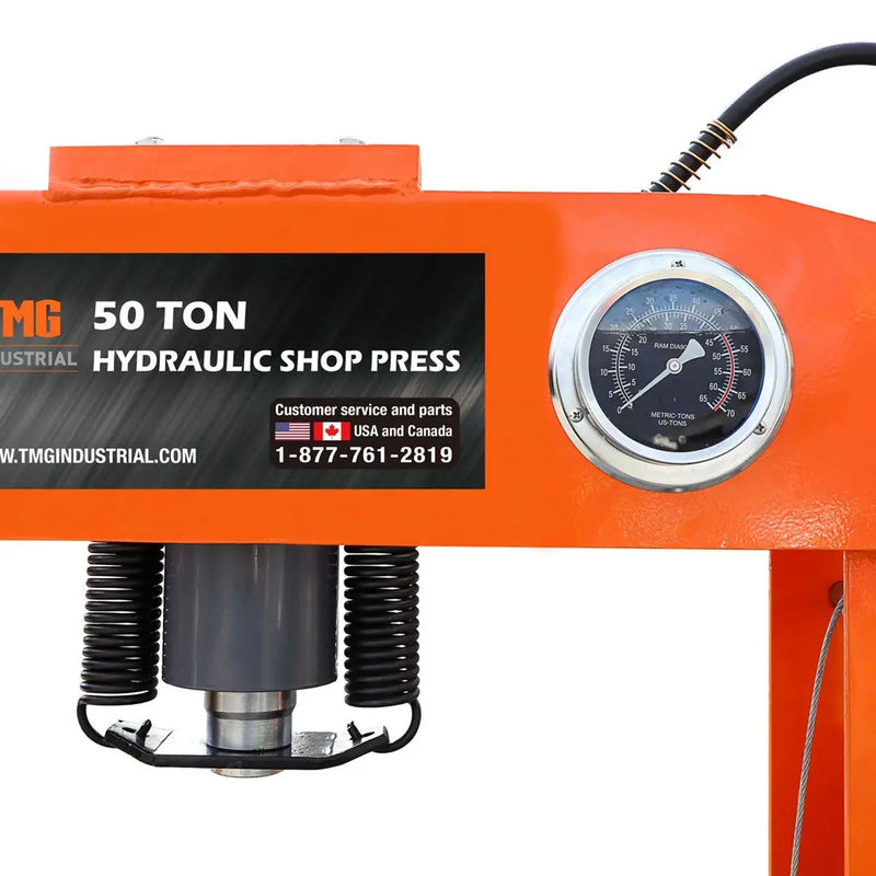 50 Ton Capacity Hydraulic Shop Press, Heavy Duty Pressing, Fully Welded H-Frame, Air & Manual Dual Operation, GMD-SP50