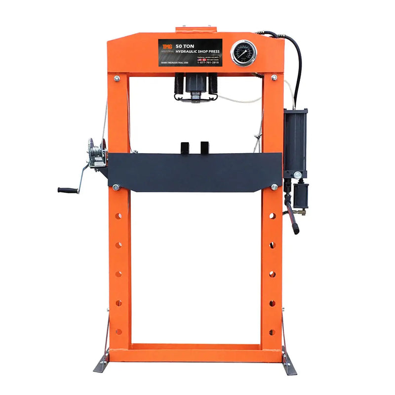 50 Ton Capacity Hydraulic Shop Press, Heavy Duty Pressing, Fully Welded H-Frame, Air & Manual Dual Operation, GMD-SP50