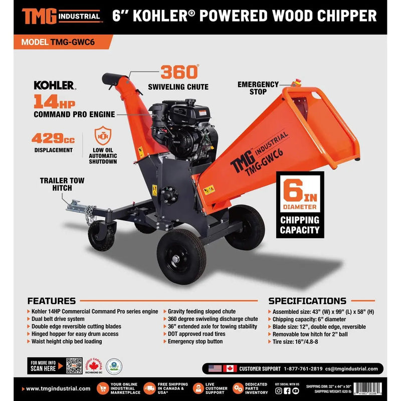 6" Wood Chipper Powered by Kohler 14 HP Command Pro Series, ATV Tow-Behind, 12'' Reversible Blade, Dual Belt Drive, GMD-GWC6