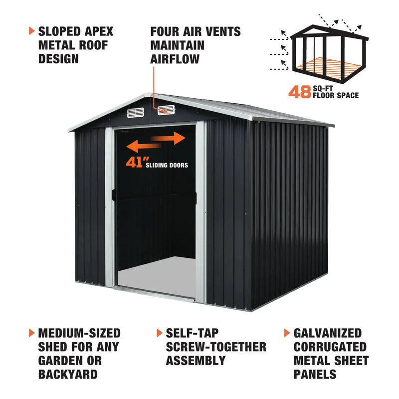 6' x 8' Galvanized Apex Roof Metal Shed, 29 GA Corrugated Metal, 67" Edge Height, GMD-MS0608