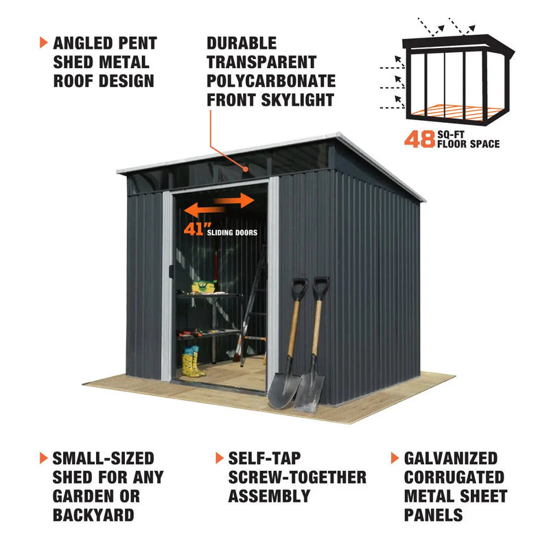 6' x 8' Galvanized Metal Pent Shed w/Skylight, 29 GA Corrugated Metal, 80" Peak Ceiling, GMD-MS0608P