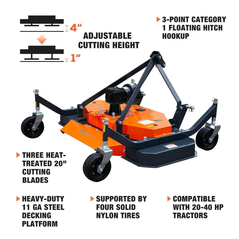 60" Tow-Behind 3 Point Finish Mower, 20-40 HP Compact Tractor, PTO Drive Shaft Included, GMD-TFN60