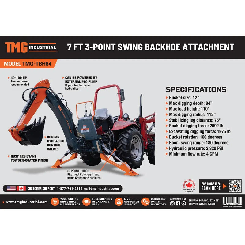 7-FT 3-Point Hitch Swing Backhoe Attachment, 12" Bucket Included, 40-100 HP Tractor, 126" High Reach, Category 1 & 2 Hookups, GMD-TBH84