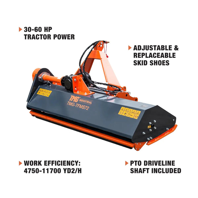 72" Side Shift Offset Flail Mower, 3-Point Hitch, 30-60 HP Tractor, PTO Drive Shaft, GMD-TFMS72
