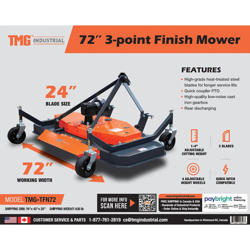 72" Tow-Behind 3-Point Hitch Finish Mower, 30-50 HP Compact Tractor, PTO Drive Shaft Included, GMD-TFN72