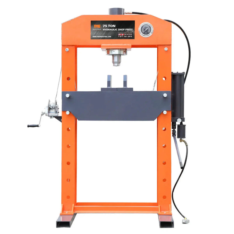 75 Ton Capacity Hydraulic Shop Press, Heavy Duty Pressing, Fully Welded H-Frame, Air & Manual Dual Operation, GMD-SP75