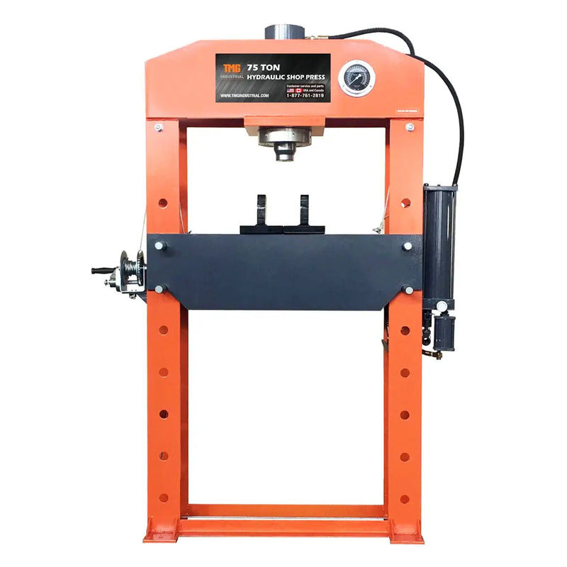 75 Ton Capacity Hydraulic Shop Press, Heavy Duty Pressing, Fully Welded H-Frame, Air & Manual Dual Operation, GMD-SP75