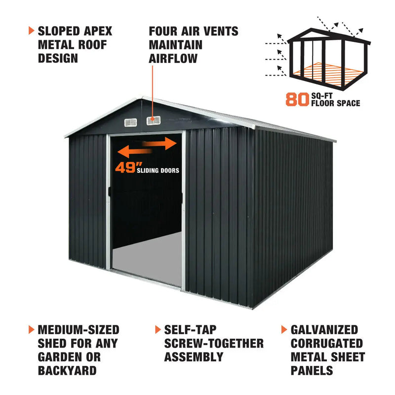 8' x 10' Galvanized Apex Roof Metal Shed, 29 GA Corrugated Metal, 67" Edge Height, GMD-MS0810