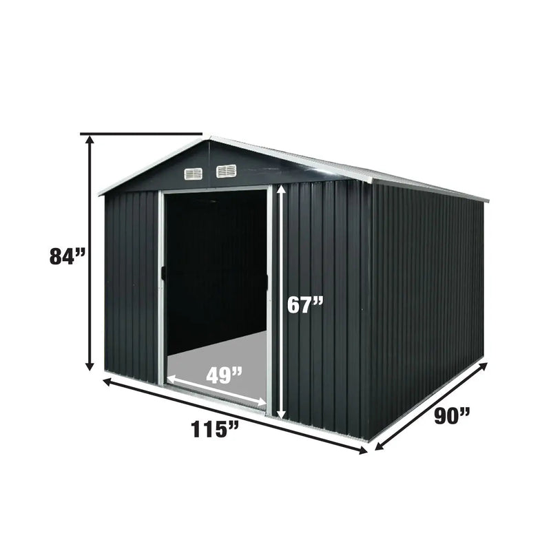 8' x 10' Galvanized Apex Roof Metal Shed, 29 GA Corrugated Metal, 67" Edge Height, GMD-MS0810