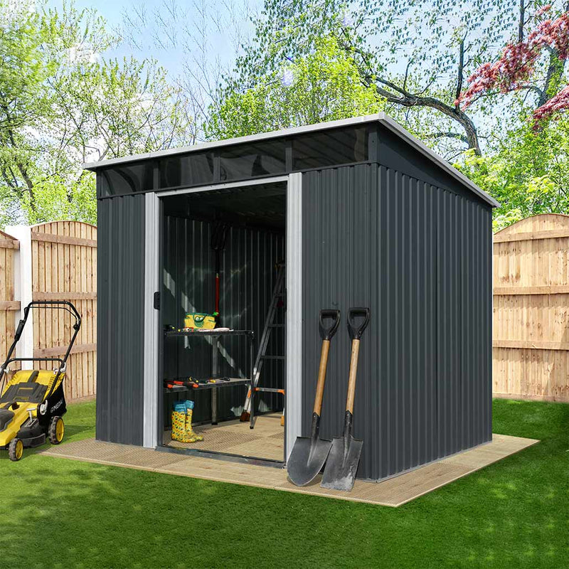 8' x 9' Galvanized Metal Pent Shed w/Skylight, 29 GA Corrugated Metal, 80" Peak Ceiling, GMD-MS0809P