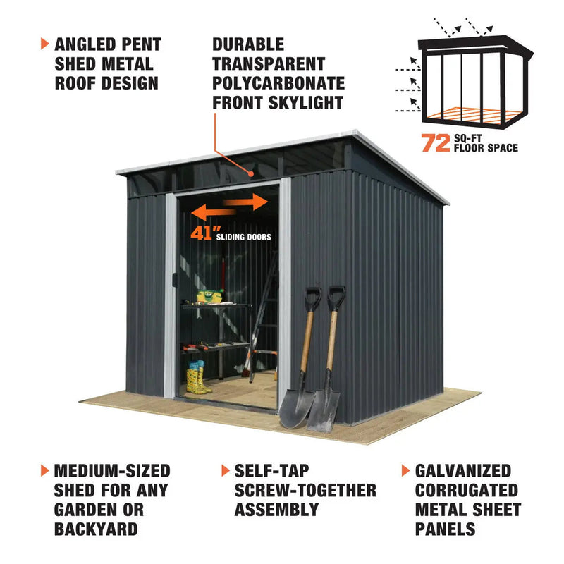 8' x 9' Galvanized Metal Pent Shed w/Skylight, 29 GA Corrugated Metal, 80" Peak Ceiling, GMD-MS0809P