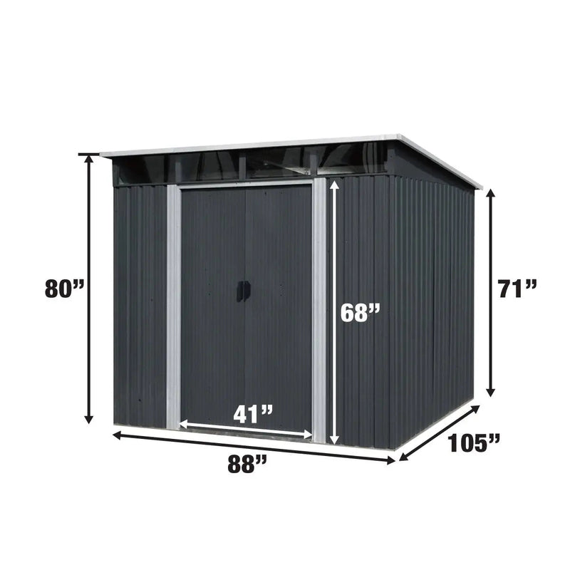 8' x 9' Galvanized Metal Pent Shed w/Skylight, 29 GA Corrugated Metal, 80" Peak Ceiling, GMD-MS0809P