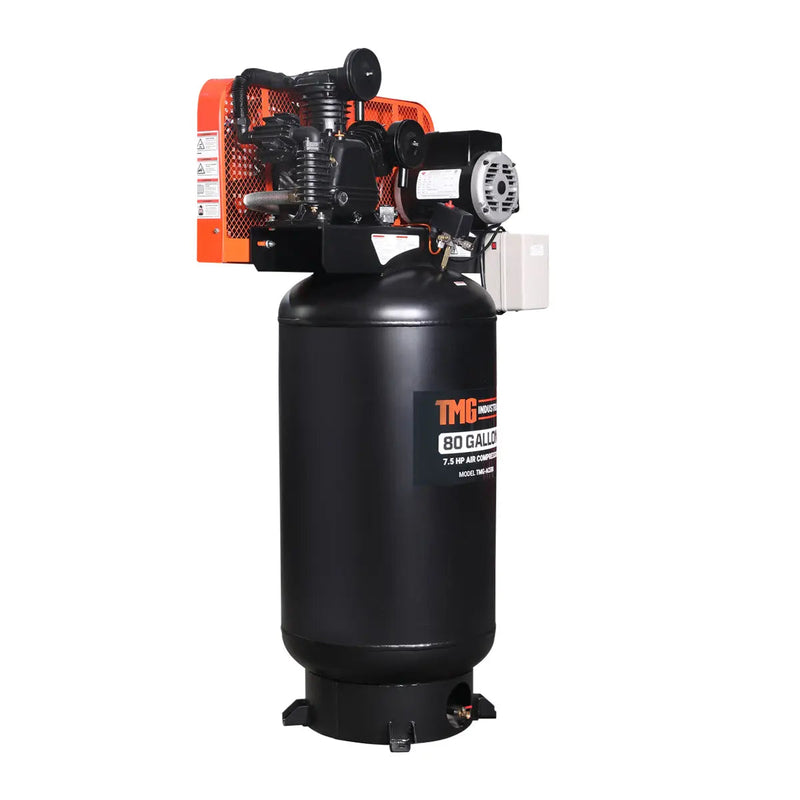 80 Gallon 7.5 HP Stationary Electric Air Compressor, 6 Min Fill Time, 230V Induction Motor, ASME Vertical Tank, GMD-ACE80